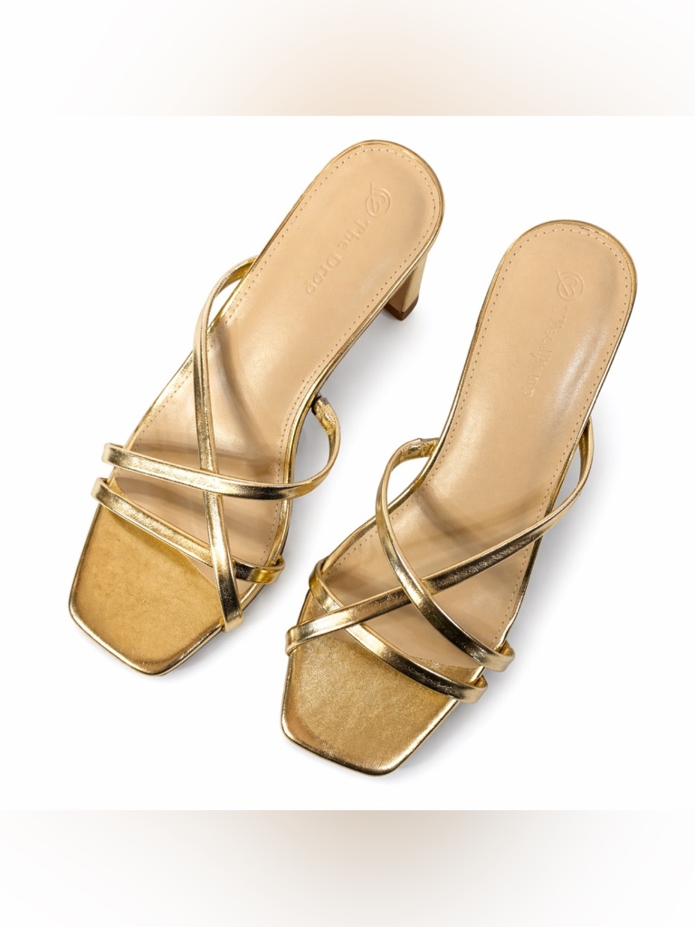 Gold Minimalist Strappy Heels Square Toe Metallic Sandals Chic Size 7.5